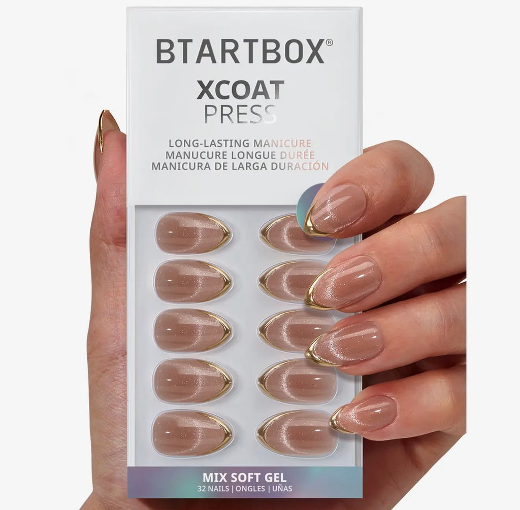 3D Golden Cat Eye French Tip Press on Nails Kit