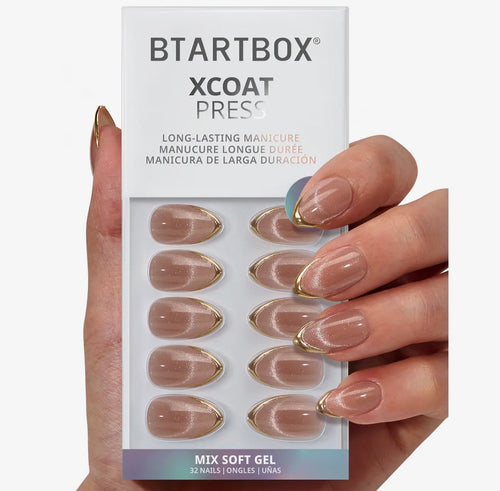 3D Golden Cat Eye French Tip Press on Nails Kit