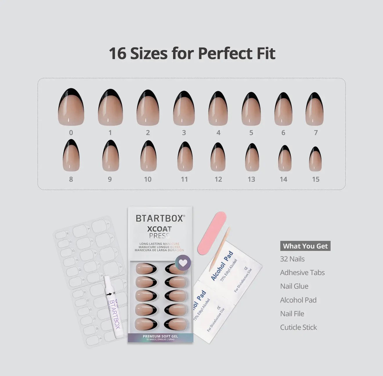 Classic Almond Black French Tip Press On Nails Kit